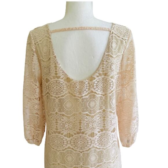 Rachel Kate Cream Pink Lace Overlay 3/4 Sleeve Scoop Neck Mini Dress Medium NEW - Picture 6 of 10